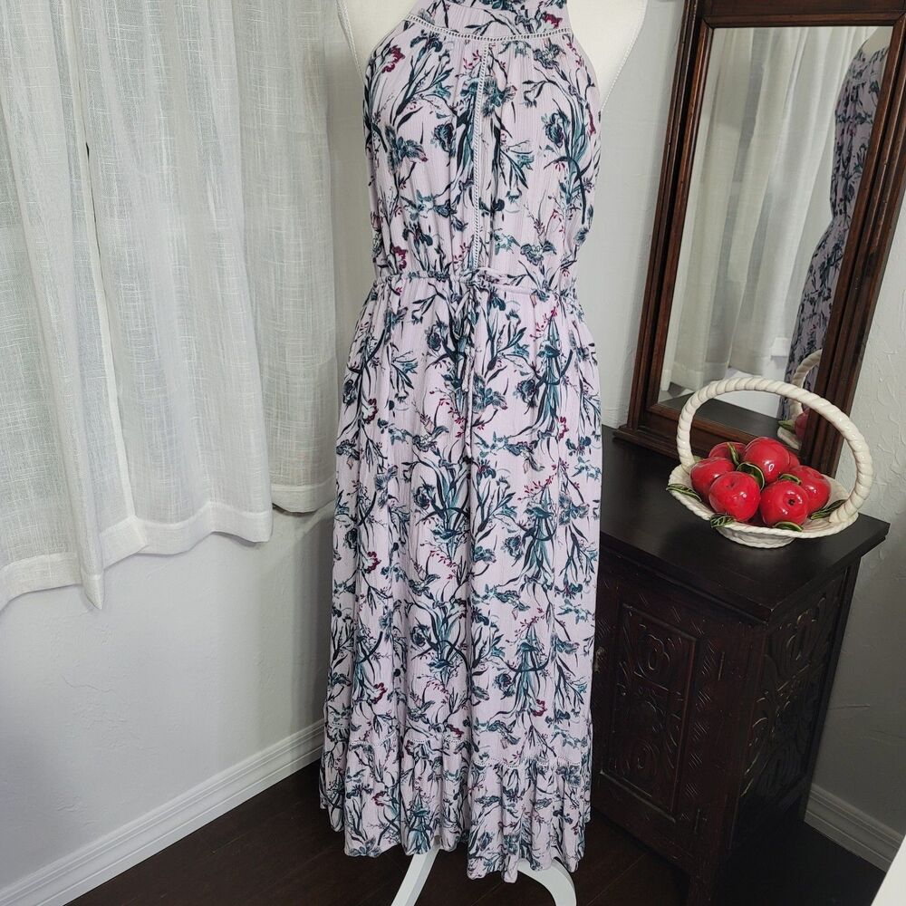 Rachel Ashwell Lavender Floral Maxi Dress Sleeveless Drawstring Waist Pockets M